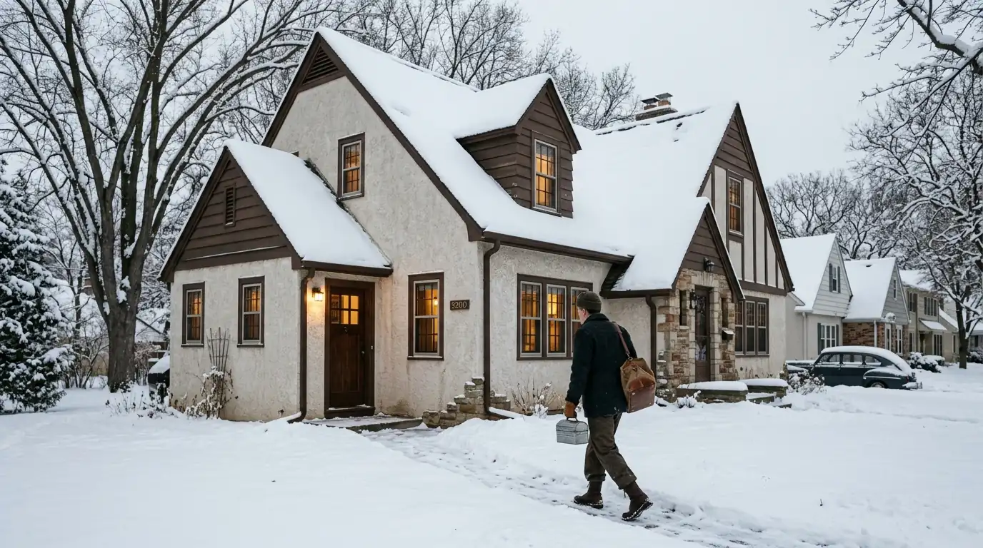 1940s Edina home with snow on the roof and a technician carrying a tool bag to the side door, nhavfd Minneapolis