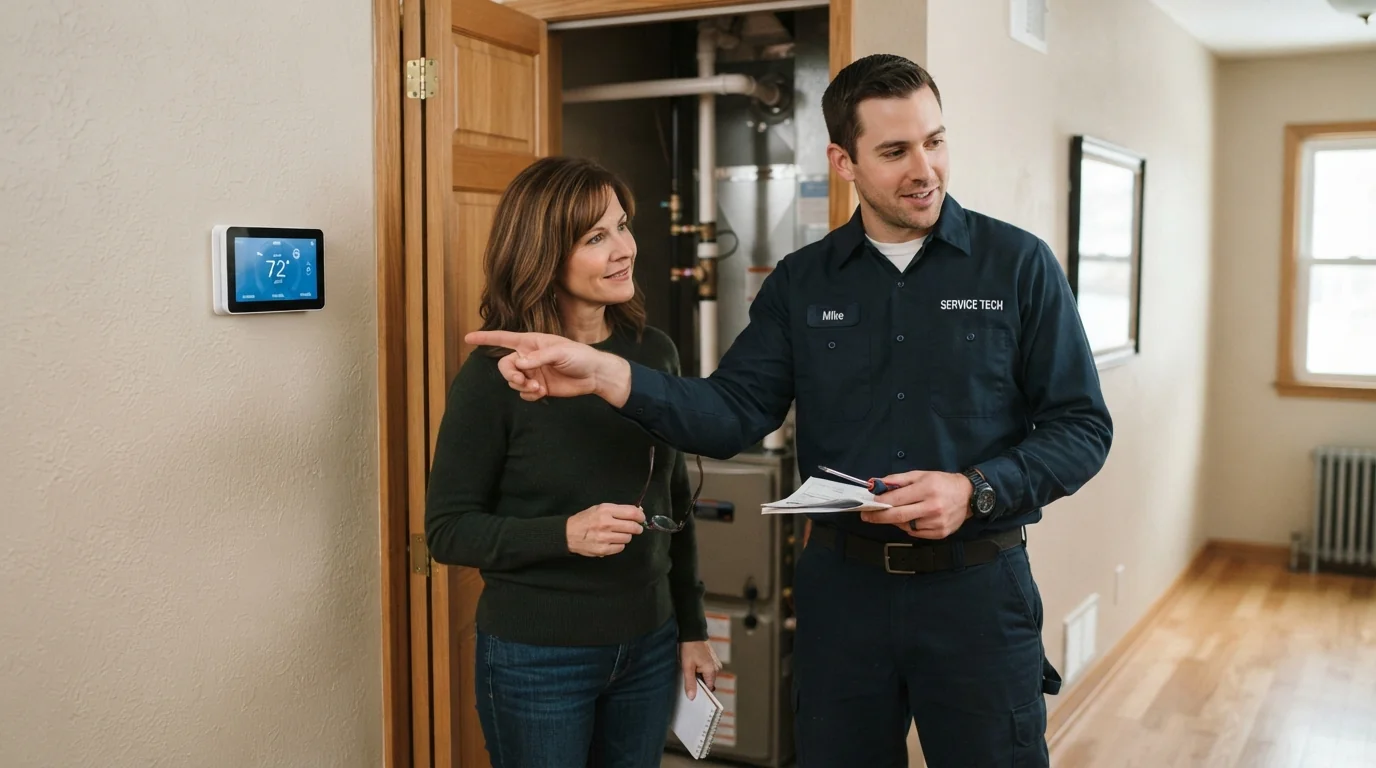 Technician showing a homeowner a new furnace