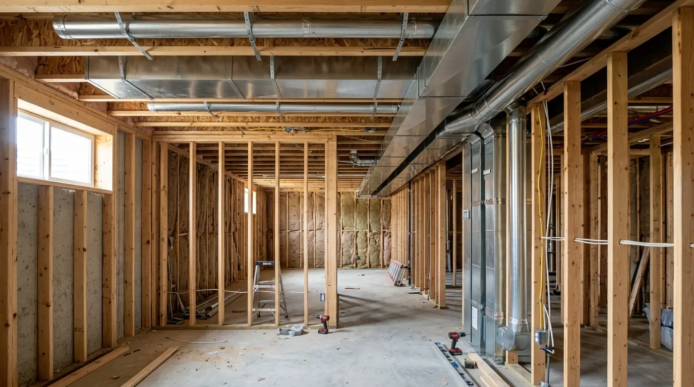 New home under construction in Carver with ductwork being installed in the framed basement, nhavfd Minneapolis