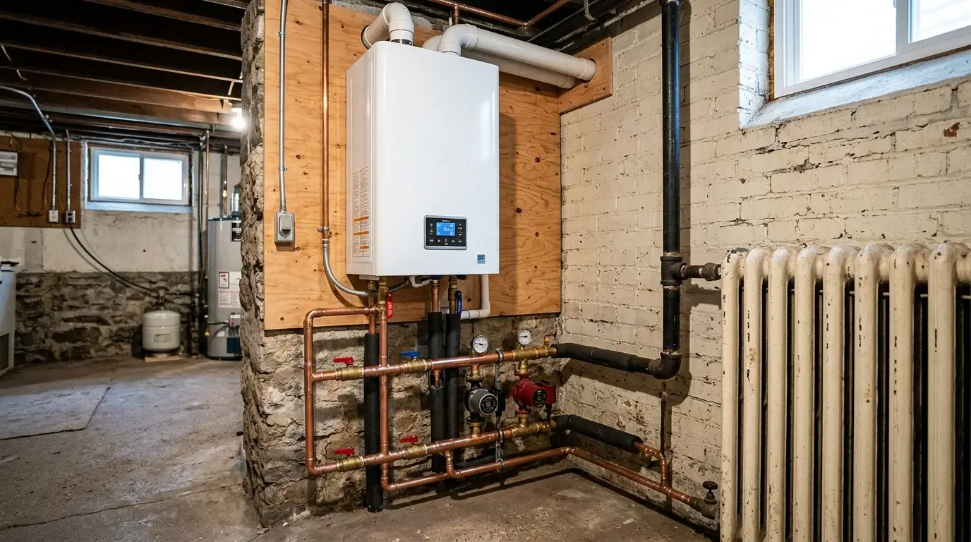 New wall-hung condensing boiler with copper piping in a basement