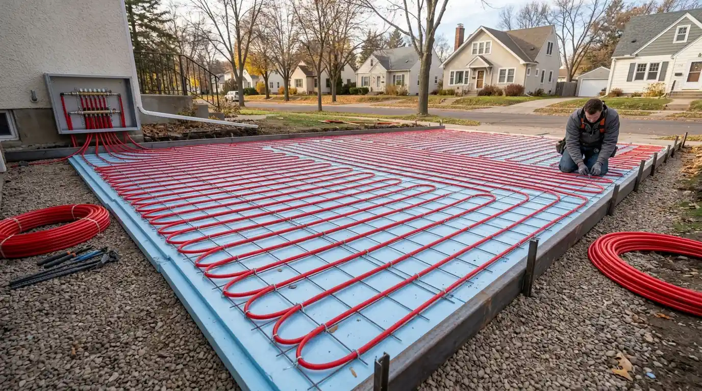 Snowmelt tubing laid before a driveway pour