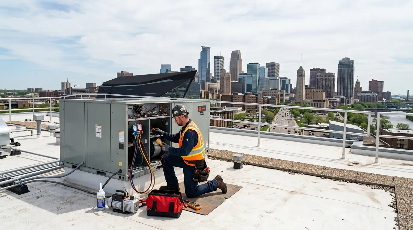Technician with the access panel open on a rooftop unit