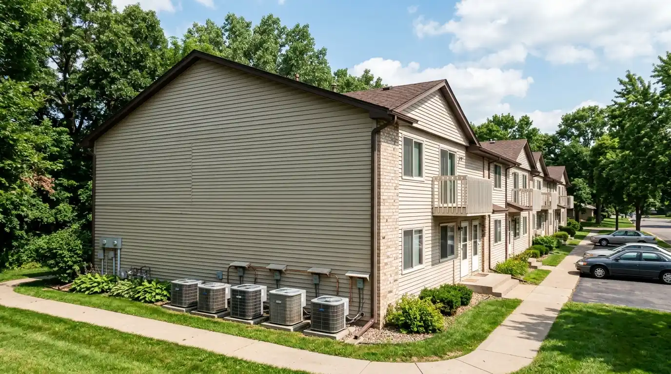 Row of 1980s Eagan townhomes in summer with air conditioner condensers along the side wall, nhavfd Minneapolis