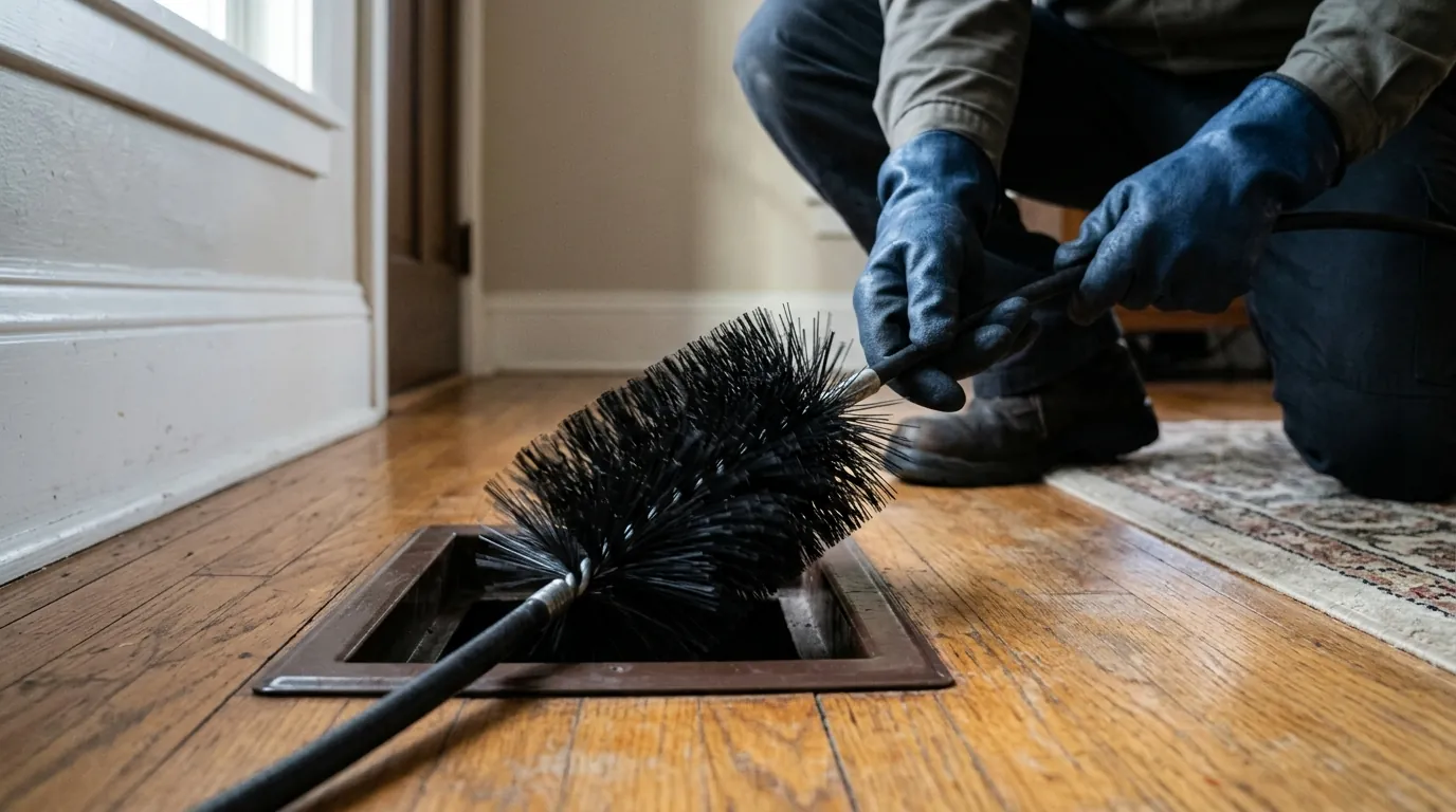 Rotating brush cleaning a supply duct run