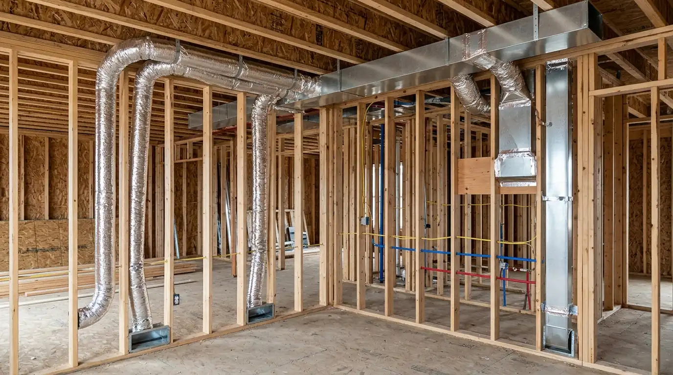 Supply and return ducts roughed in through open wall framing