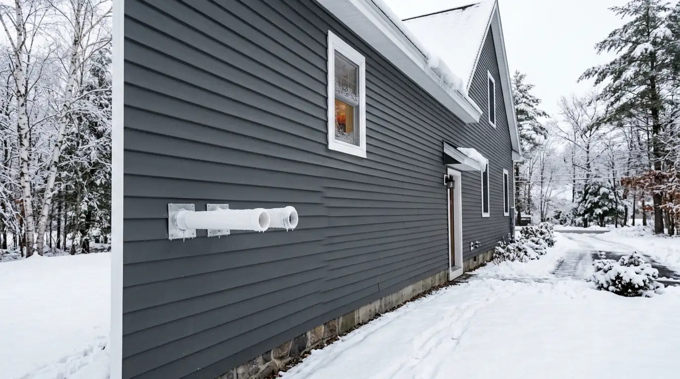 Newer Plymouth home in winter with a frost-free condensing furnace vent and intake on the side wall, nhavfd Minneapolis