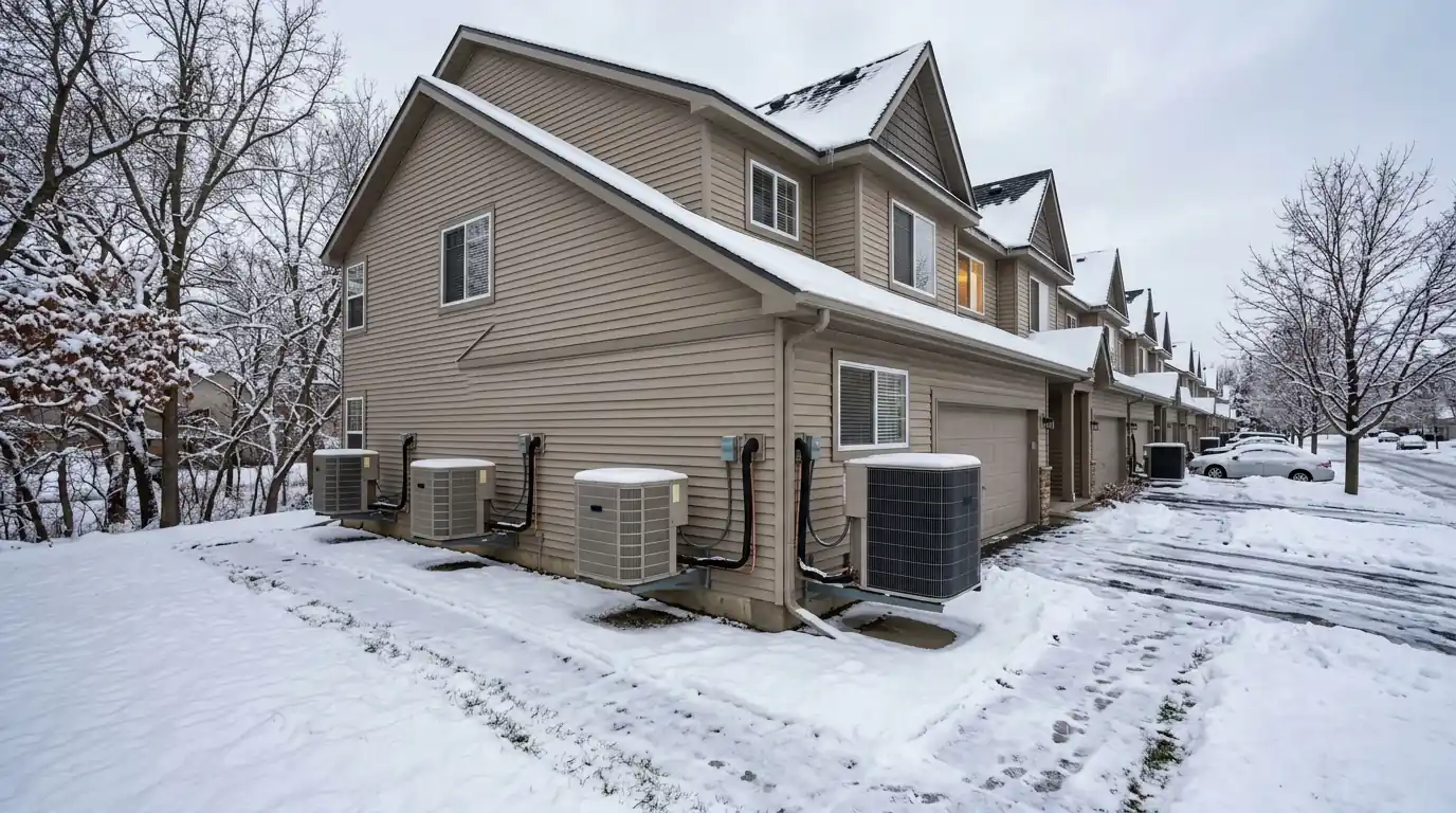 Chanhassen townhome row in winter with heat pump outdoor units along the side, nhavfd Minneapolis