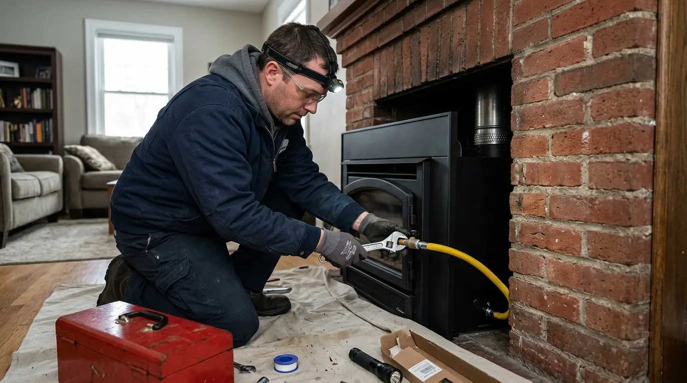 Technician connecting the gas line to a direct-vent fireplace insert inside a brick firebox, nhavfd Minneapolis