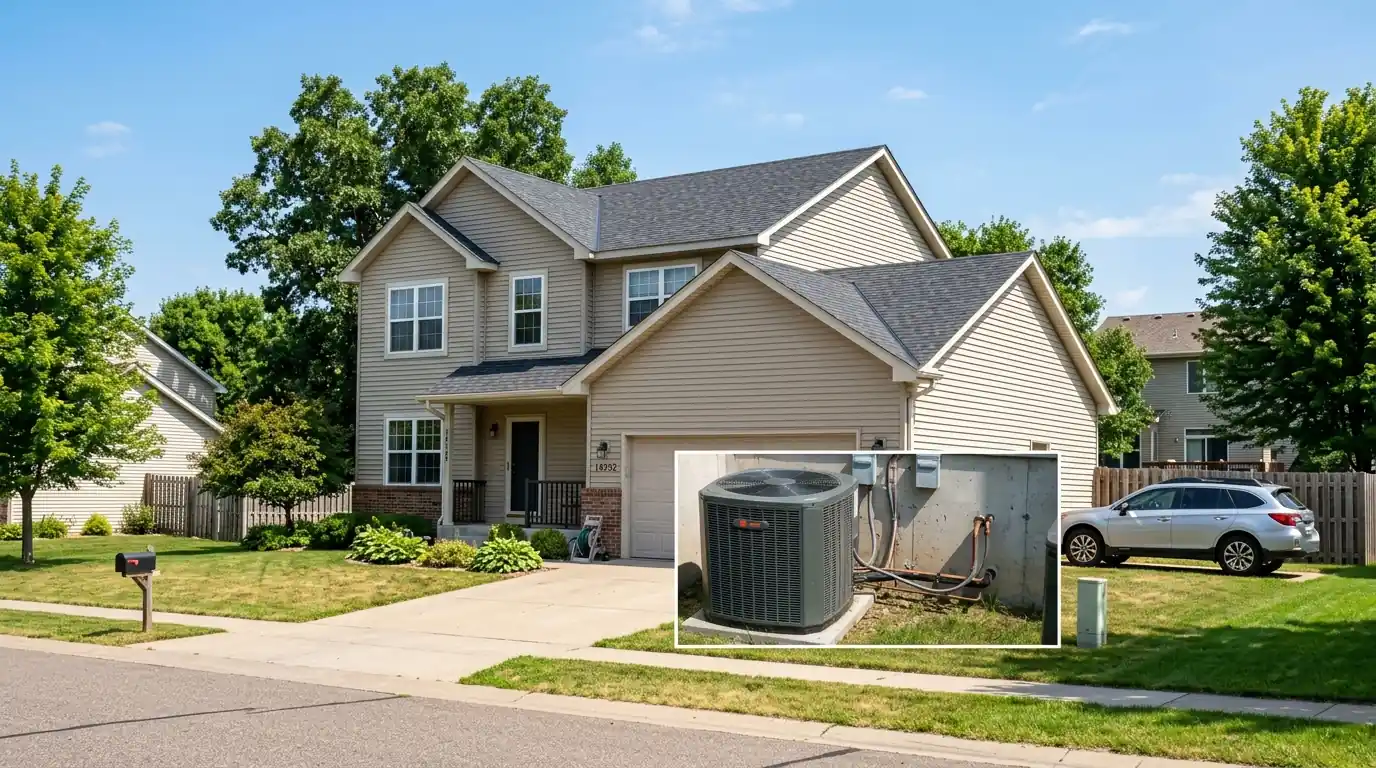 Suburban two-story home in Apple Valley with an air conditioner condenser on a hot July afternoon, nhavfd Minneapolis