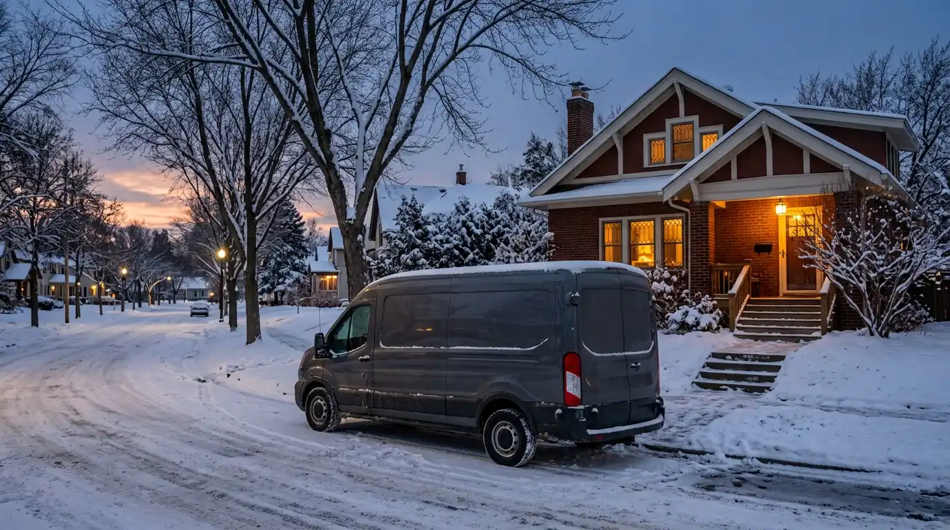 Service van outside a Minneapolis bungalow in winter