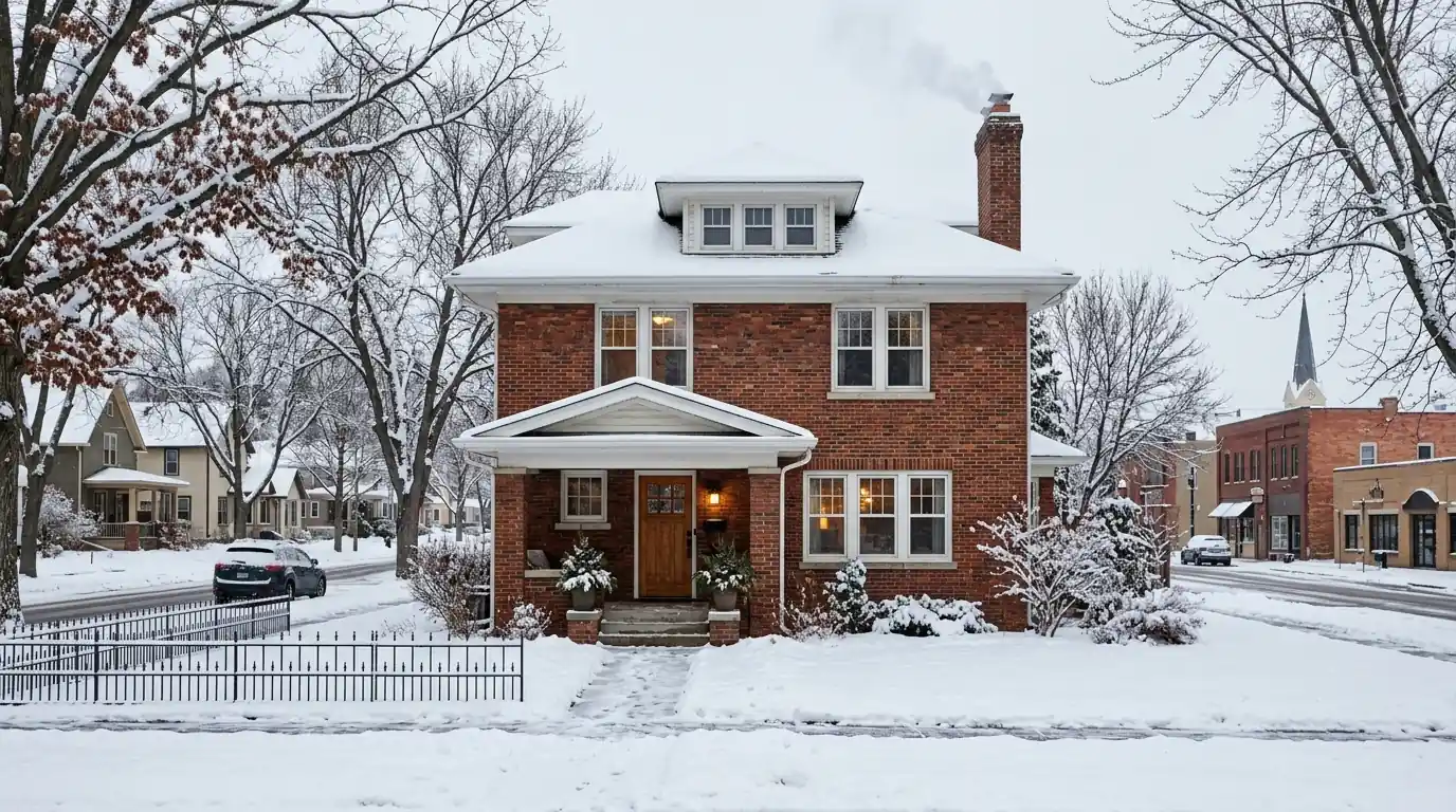 Older brick home near downtown Chaska in winter with a chimney and snow, nhavfd Minneapolis