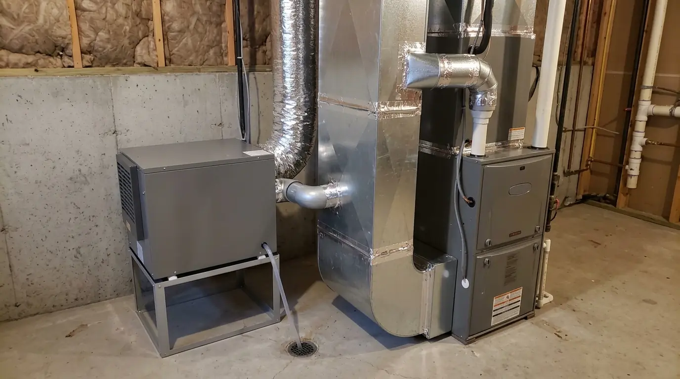 Ducted whole-house dehumidifier beside a furnace