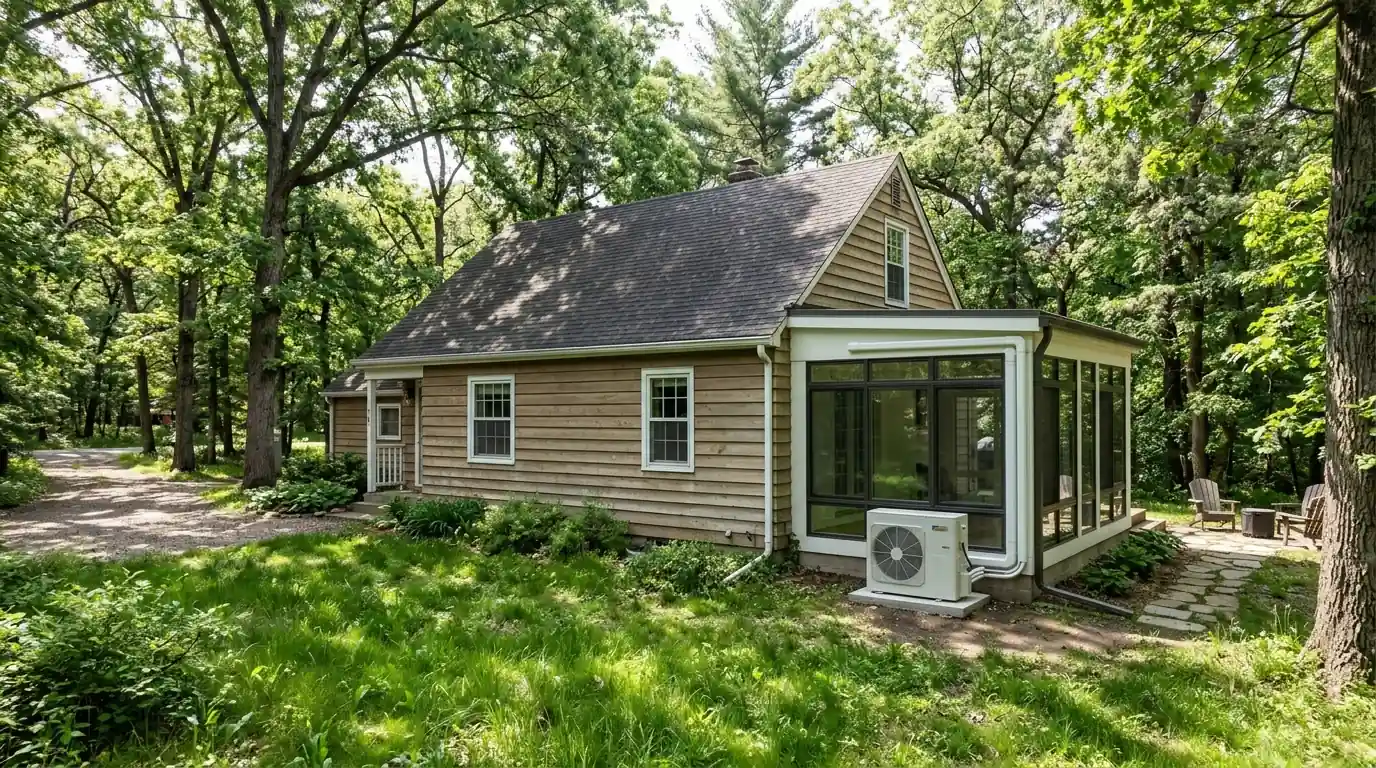 Older Minnetonka home on a wooded lot with a ductless heat pump unit beside a newer sunroom addition, nhavfd Minneapolis