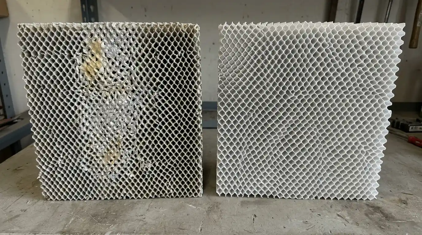 Scaled humidifier water panel beside a new one