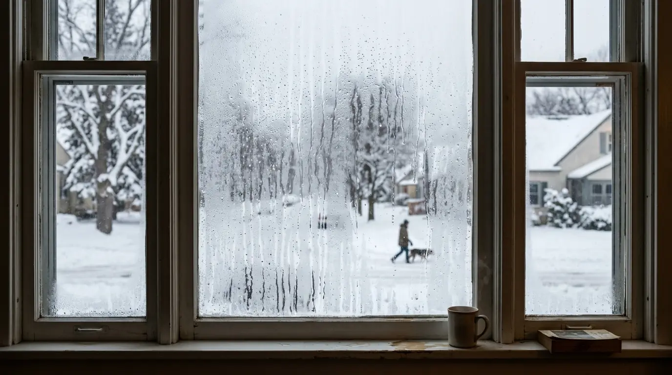 Condensation on a window from high indoor humidity