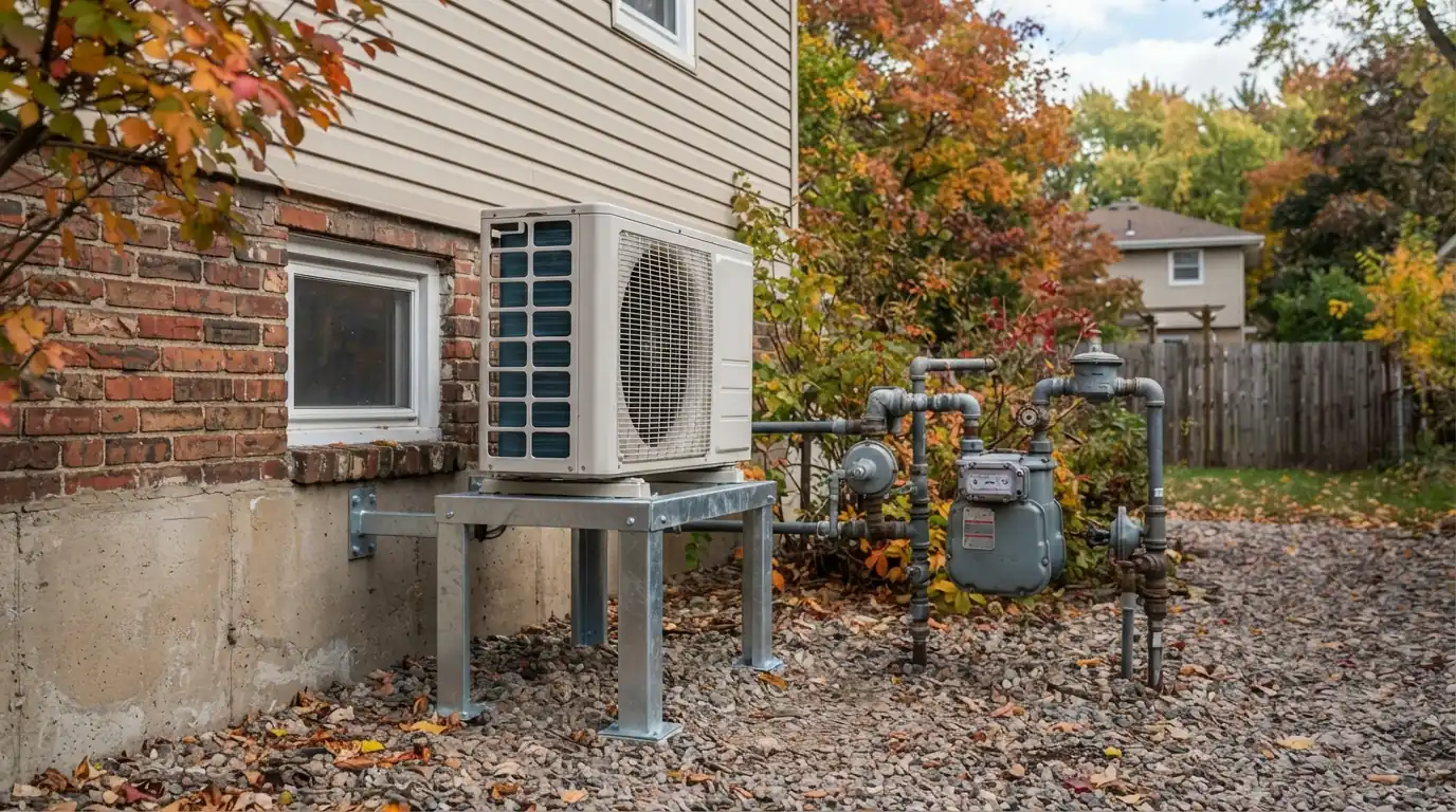 Heat pump outdoor unit next to a gas meter