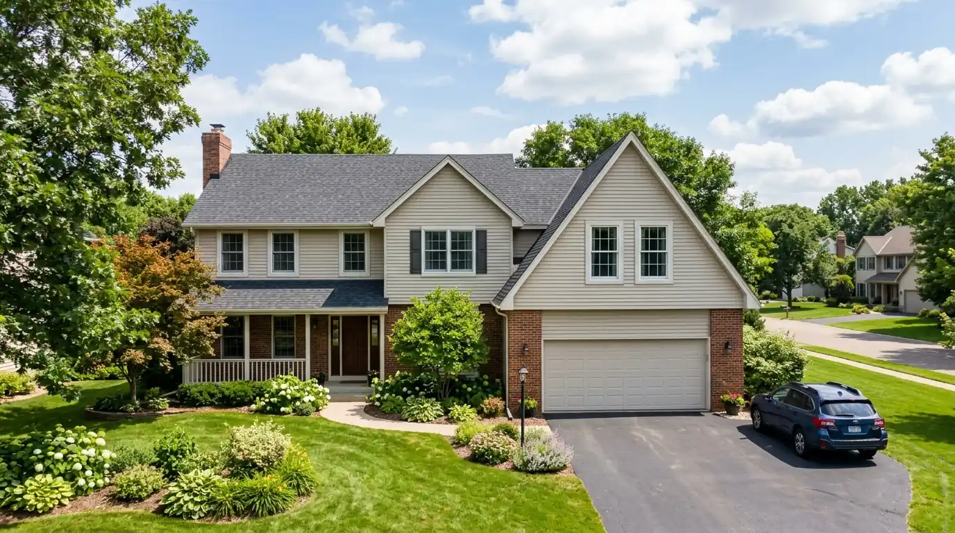 Two-story 1980s home in Eden Prairie with a bonus room over the garage on a summer afternoon, nhavfd Minneapolis