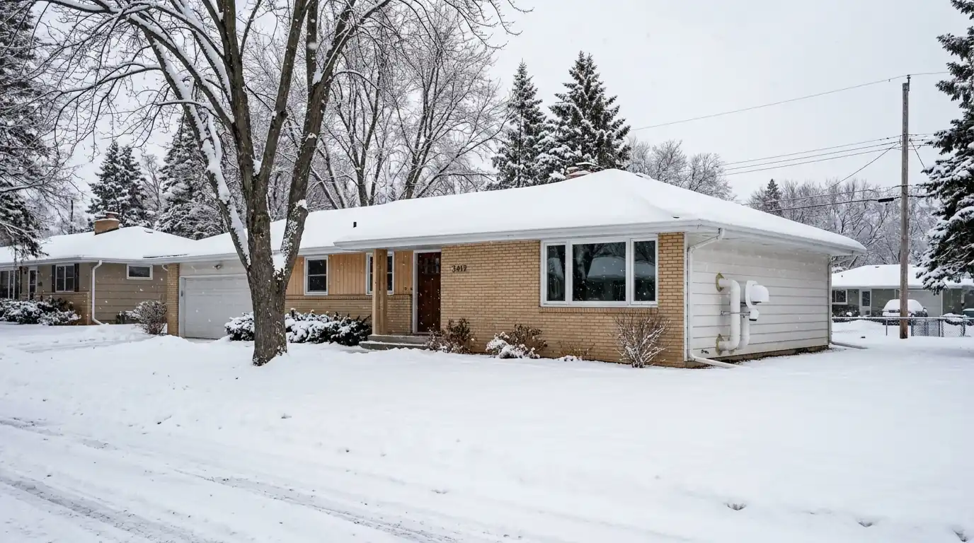 Mid-century rambler house in Bloomington with a new condensing furnace vent on the side wall in snow, nhavfd Minneapolis
