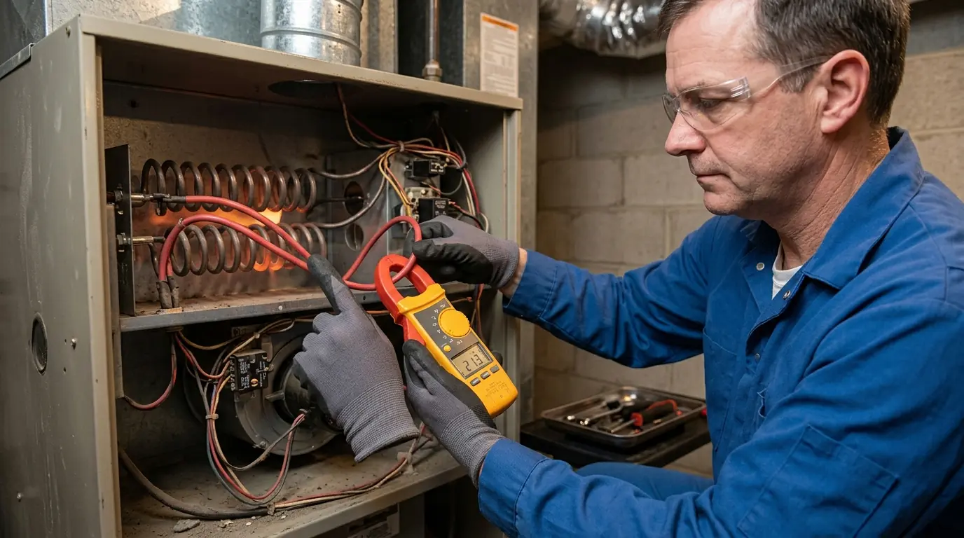 Technician measuring amperage on electric furnace heating elements with a clamp meter, nhavfd Minneapolis