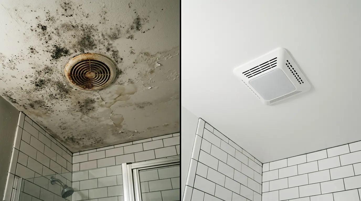 Bathroom ceiling mildew stain next to a newly installed exhaust fan