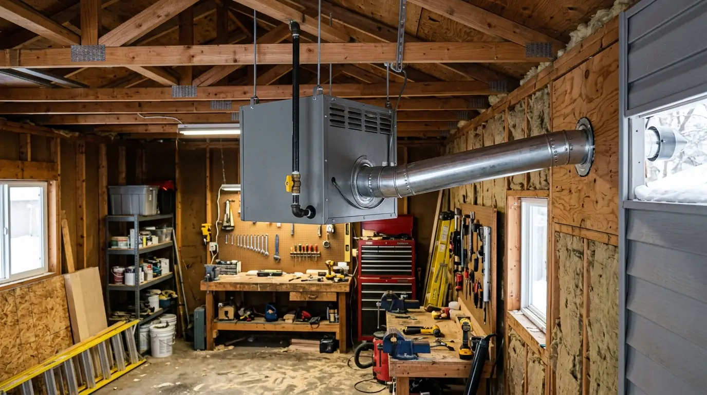 Gas unit heater in a garage workshop