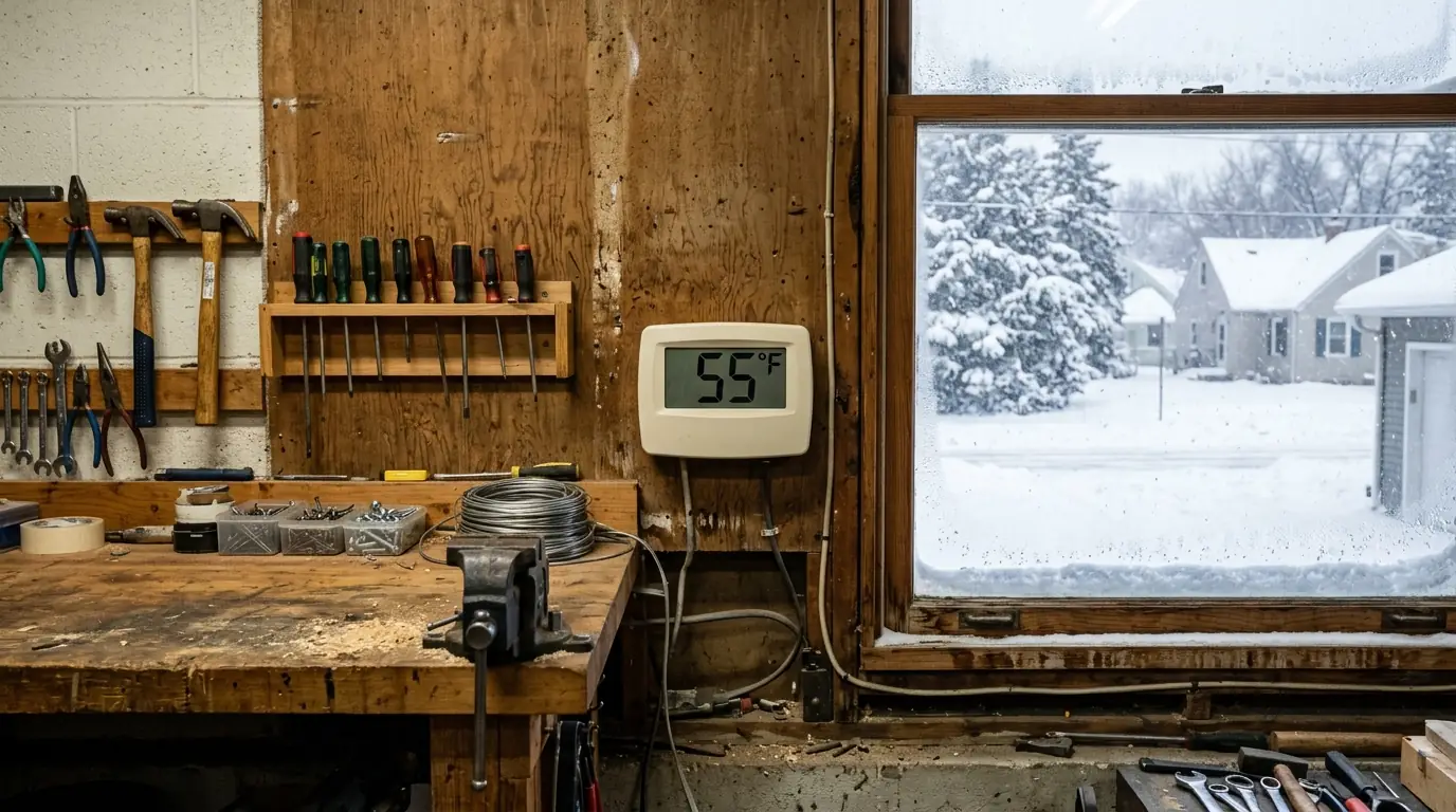 Garage heater thermostat on a winter day