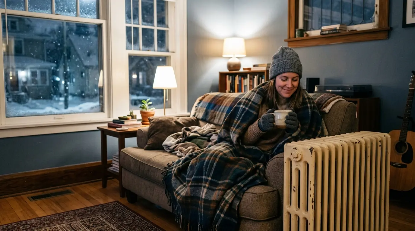 Cold living room during a winter furnace outage in Minneapolis