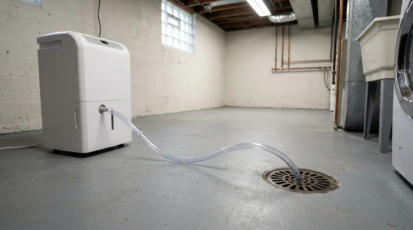Dehumidifier drain line to a floor drain