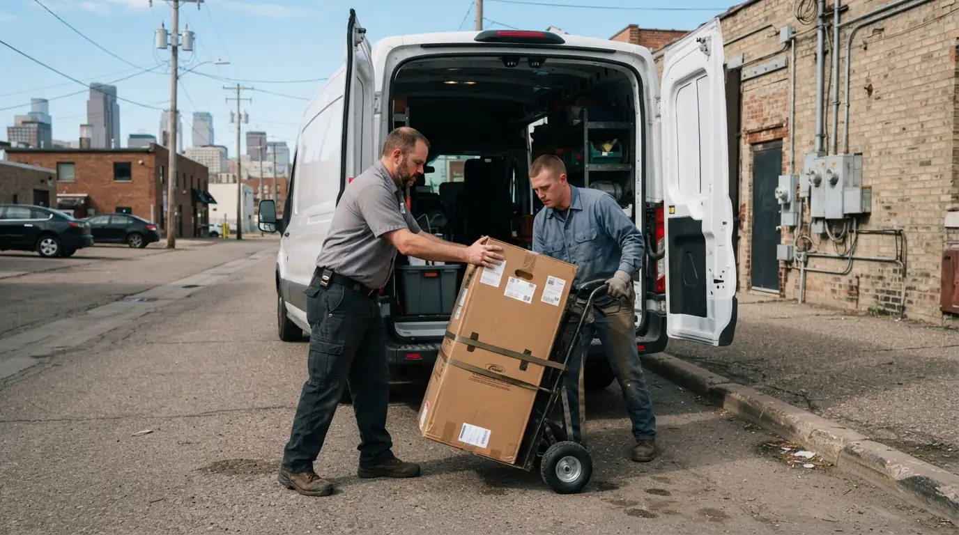 NHA VFD technicians loading a furnace from a service van