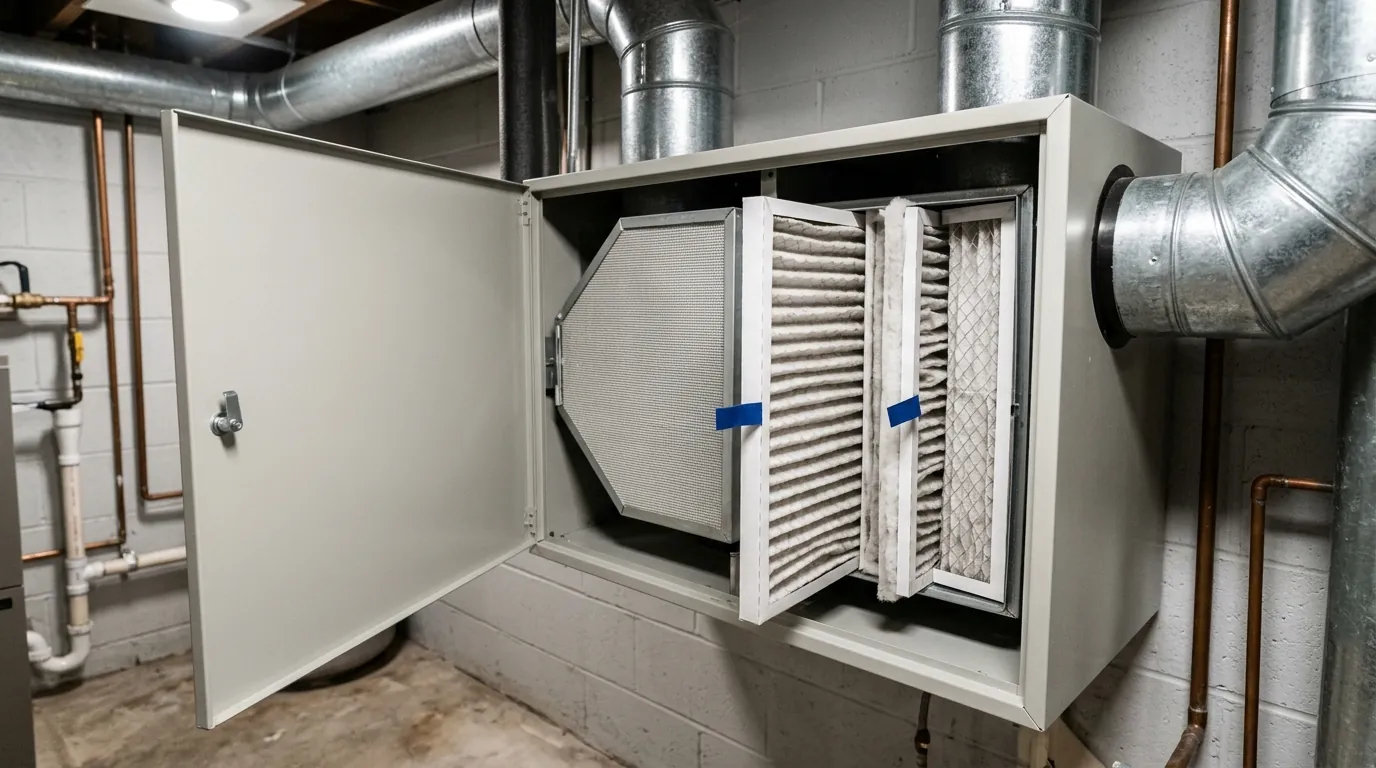 Heat recovery ventilator with core and filters visible