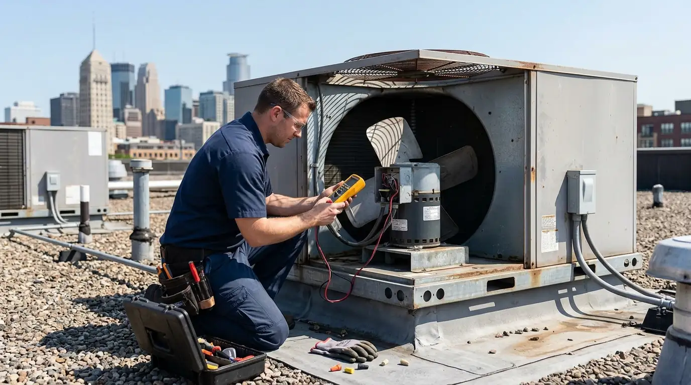 Rooftop unit condenser fan service above a restaurant