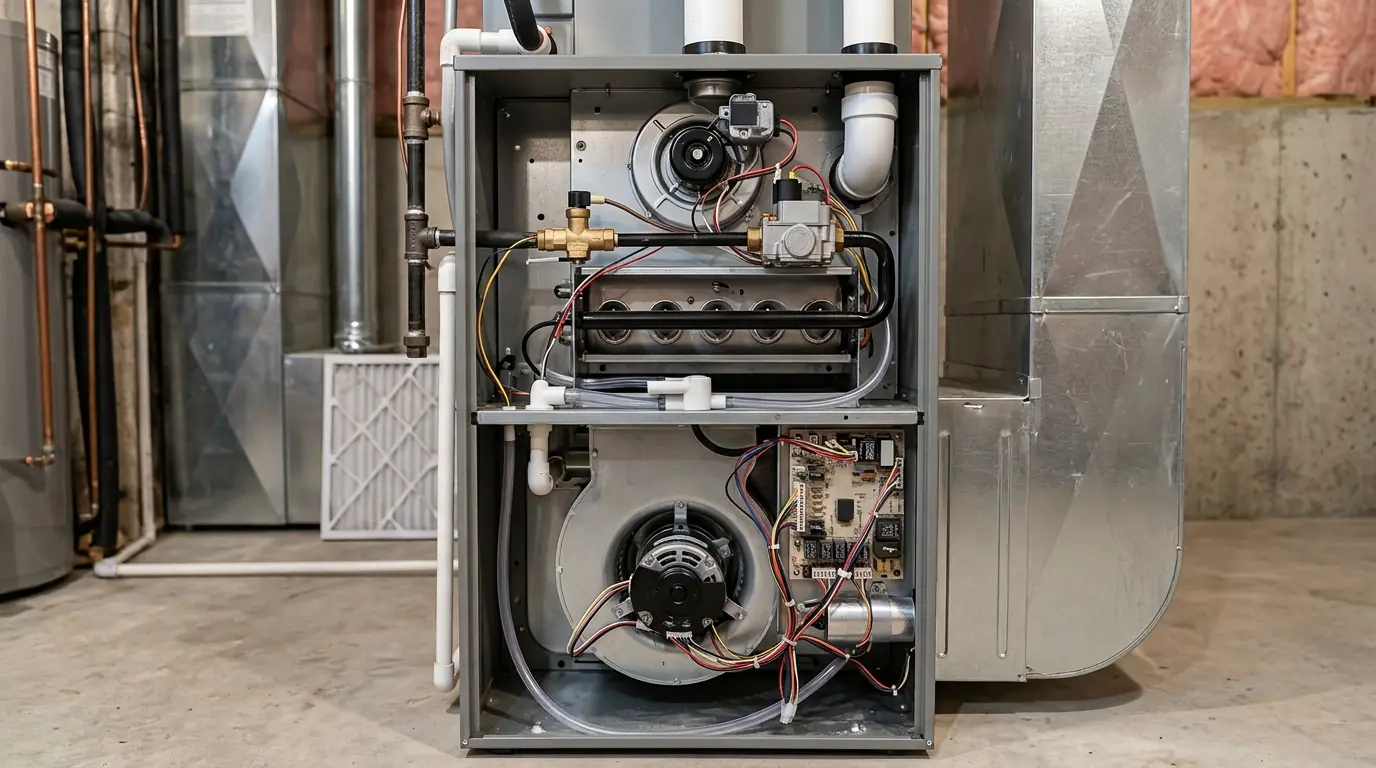 Two stage condensing furnace with blower compartment open