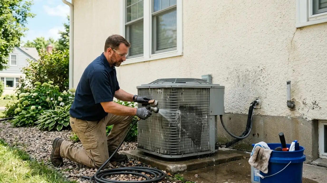 Technician setting a new outdoor air conditioner condenser on a pad