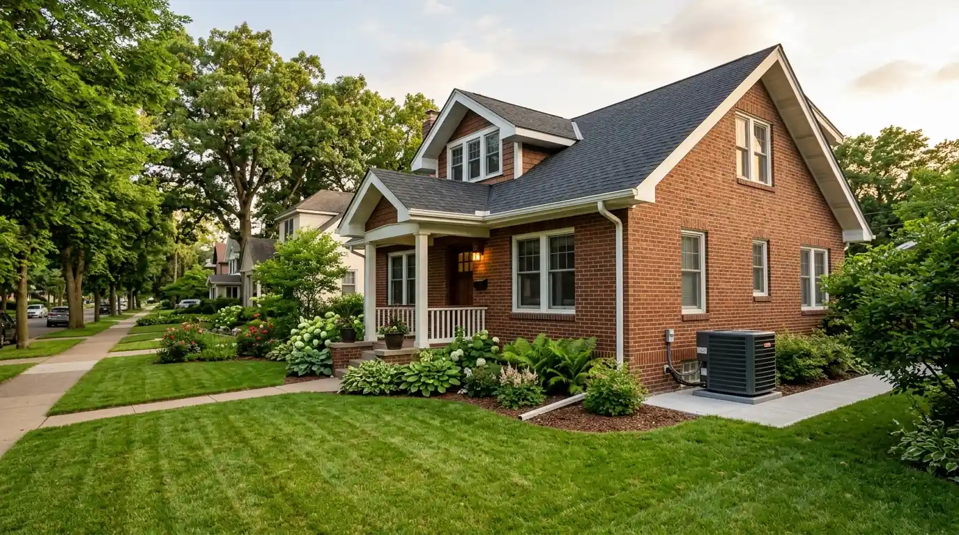 Well-kept Diamond Lake home in south Minneapolis with a new air conditioner beside the house on a summer evening, nhavfd Minneapolis