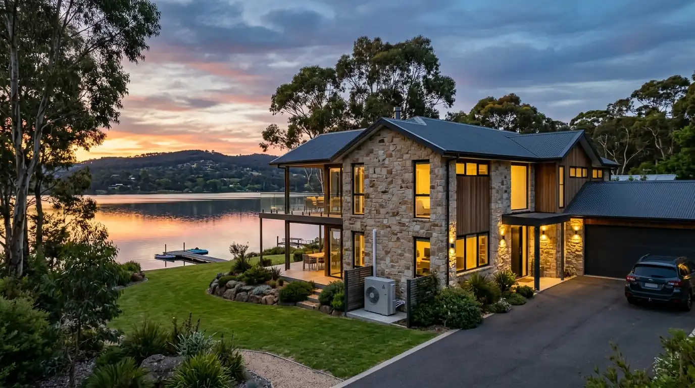 New two-story home near a lake in Victoria with a condenser on a summer evening, nhavfd Minneapolis