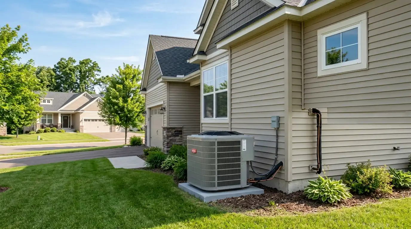 Newer Shakopee neighborhood home with an air conditioner condenser on a summer morning, nhavfd Minneapolis