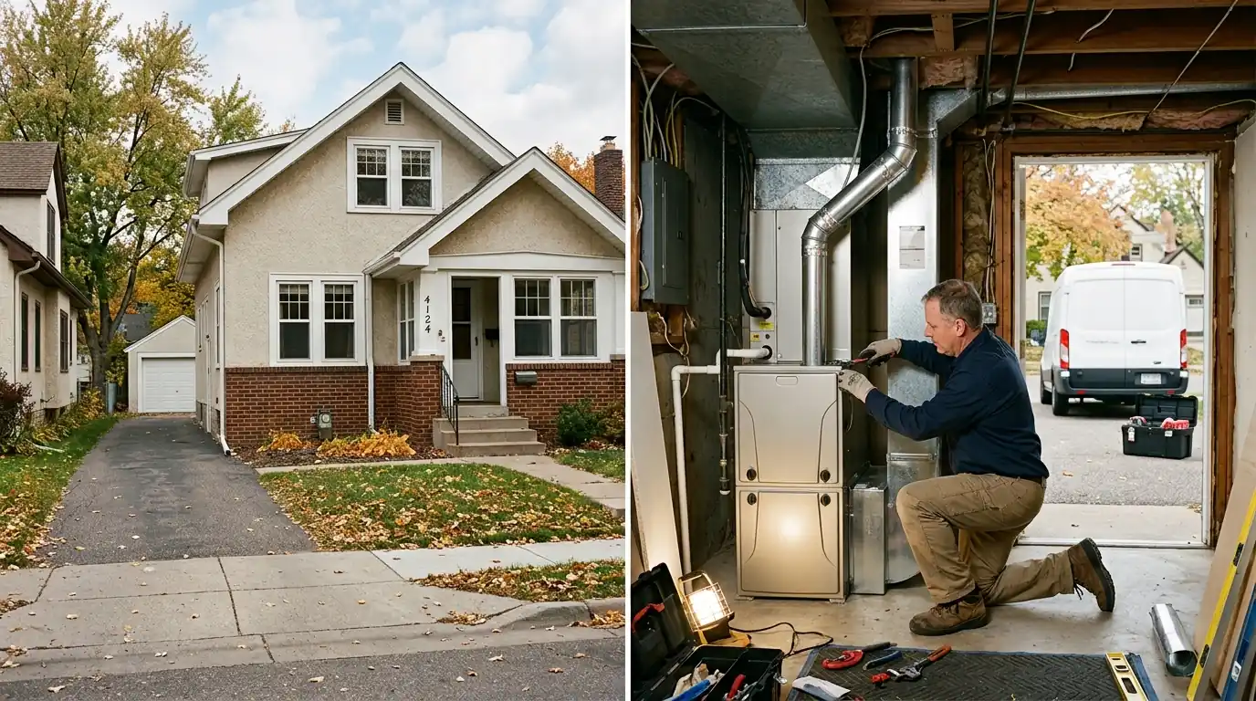 Modest 1940s single-family house in Morris Park with a technician installing a furnace, nhavfd Minneapolis