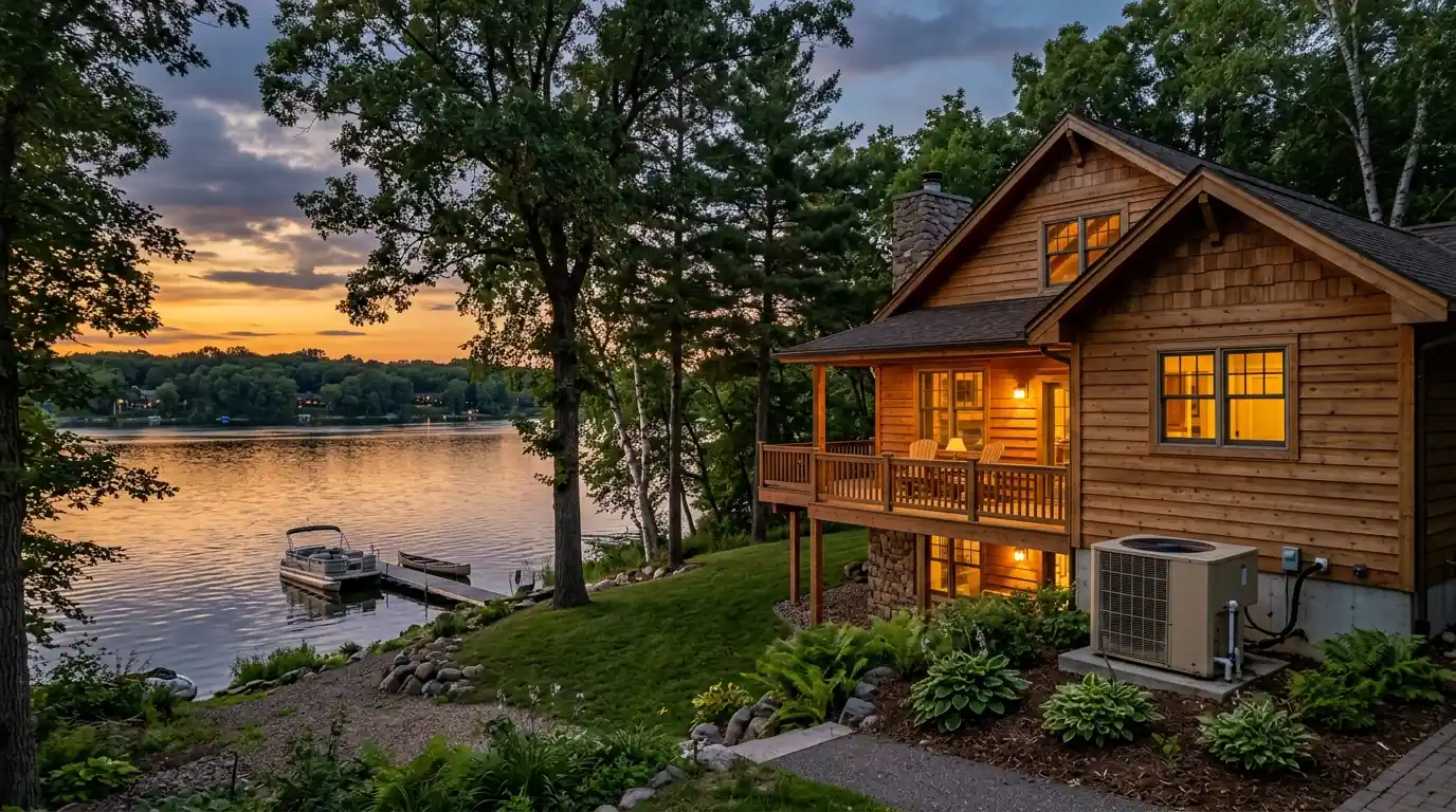 Lakeside home in Prior Lake with a heat pump condenser on a summer evening, nhavfd Minneapolis