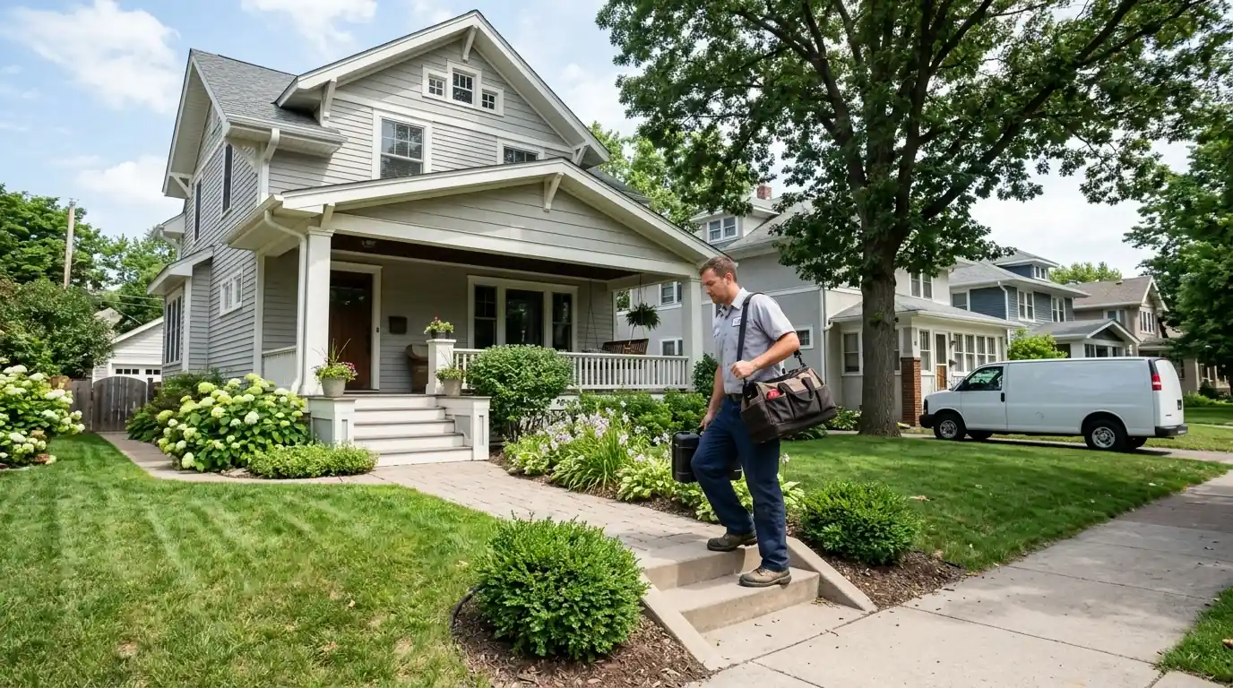 Technician carrying a toolbag up the steps of a Minneapolis home