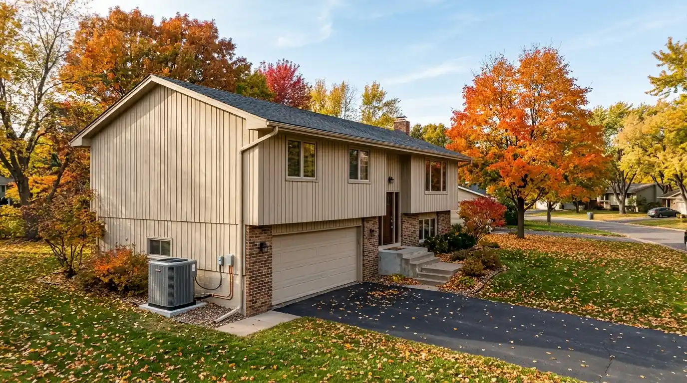 1970s split-level home in Burnsville with a heat pump outdoor unit on a crisp fall day, nhavfd Minneapolis