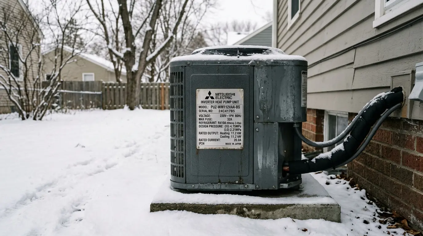 Cold climate heat pump outdoor unit in snow