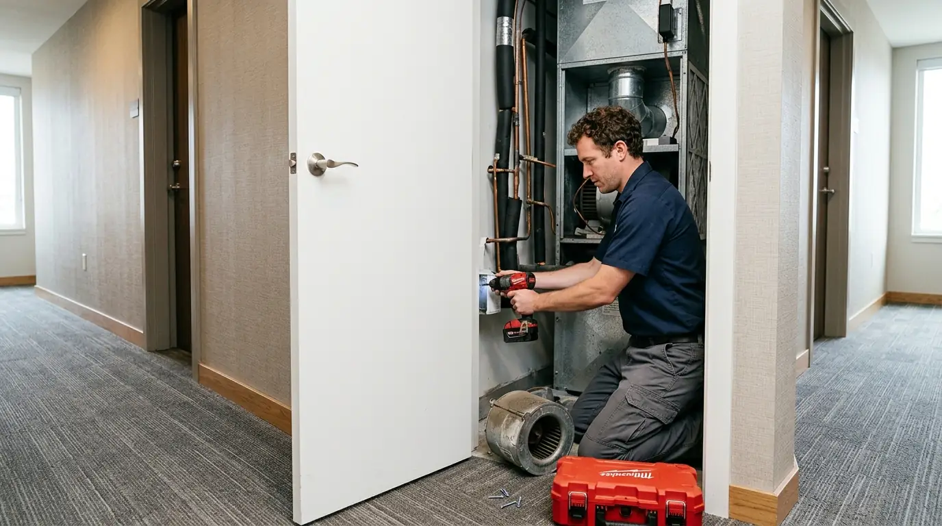 Technician replacing the blower motor in a vertical condo fan coil unit inside a hallway closet, nhavfd Minneapolis