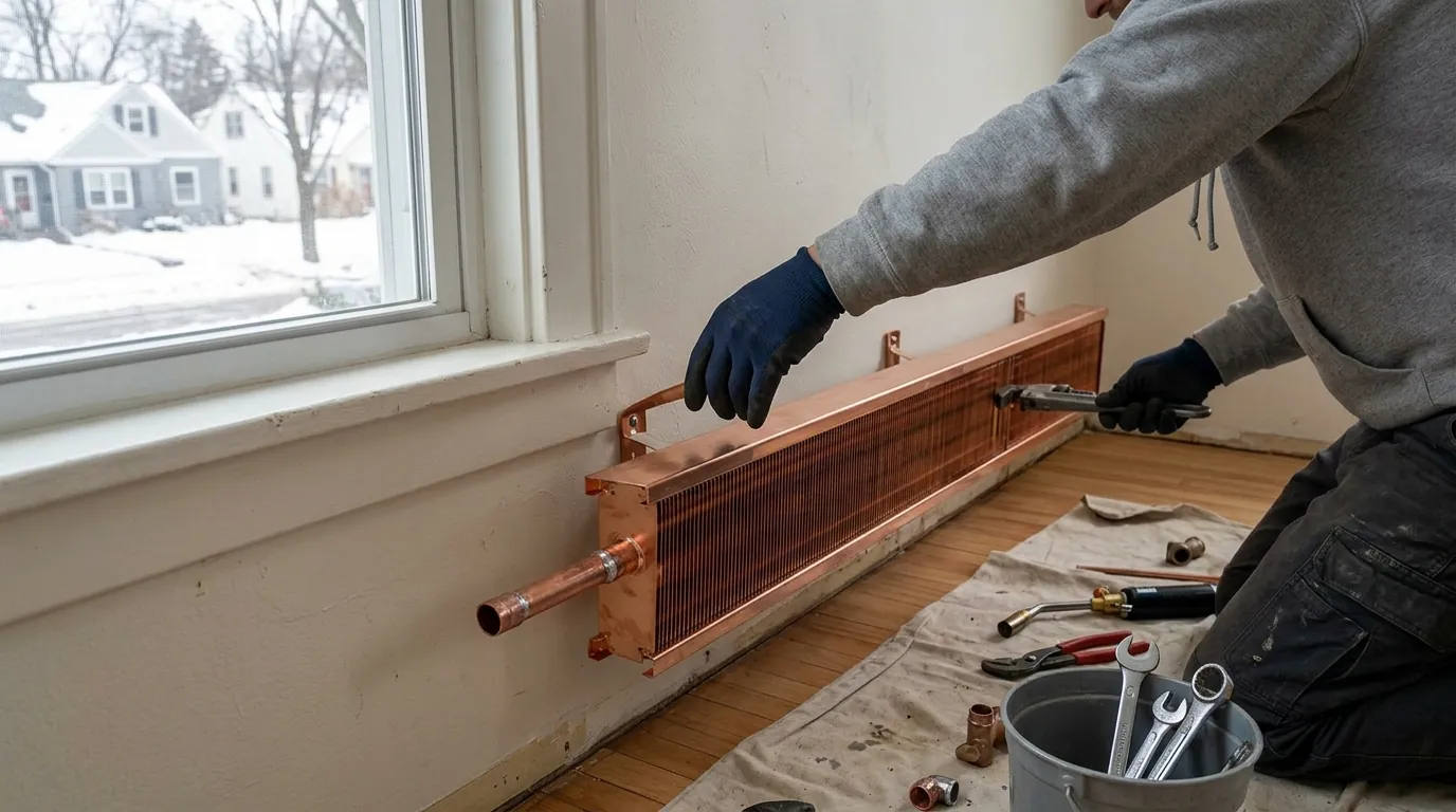Installing a hot water baseboard element