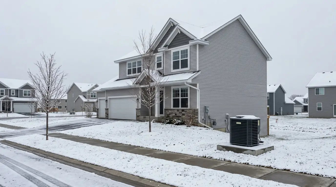 New two-story house in a Carver County subdivision with a condenser beside it in early winter snow, nhavfd Minneapolis