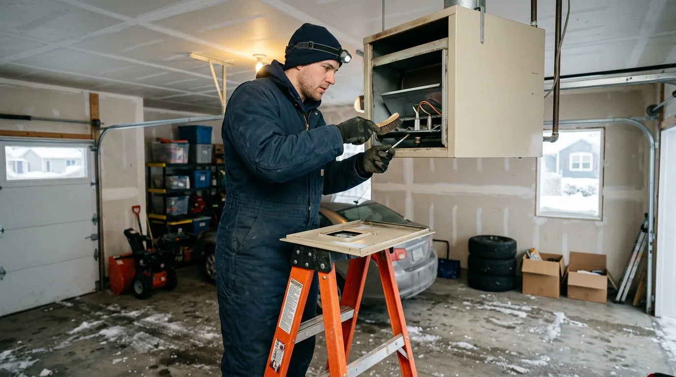 Technician cleaning the flame sensor on a gas unit heater from a ladder in a cold garage, nhavfd Minneapolis