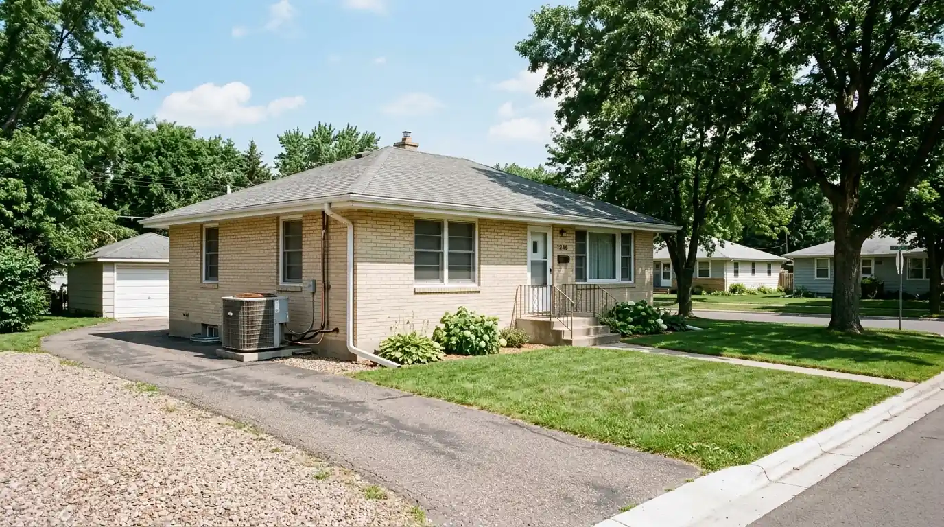 Small 1950s Richfield house with a central air condenser beside it on a hot July afternoon, nhavfd Minneapolis