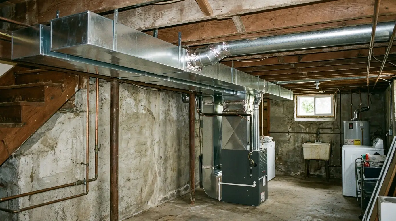 1920s house in the Minnehaha neighborhood near the falls with new ductwork in the basement, nhavfd Minneapolis