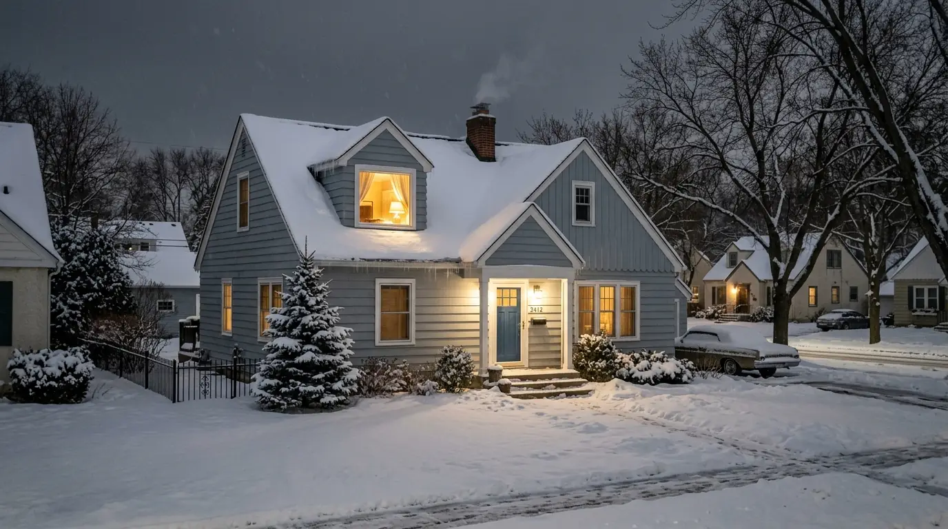 Post-war Cape Cod house in St. Louis Park in winter with snow on the dormers and a lit window upstairs, nhavfd Minneapolis