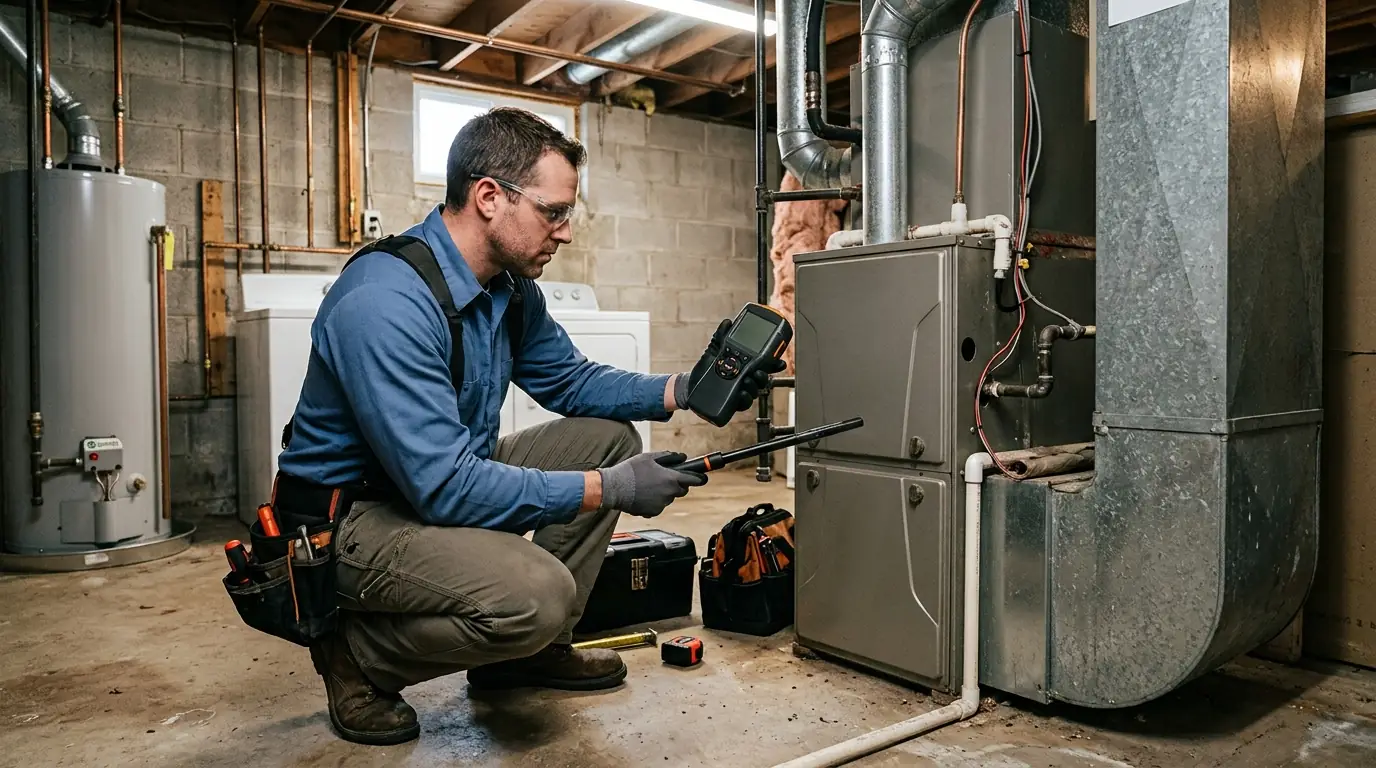Technician holding a handheld indoor air quality meter beside a basement furnace, nhavfd Minneapolis