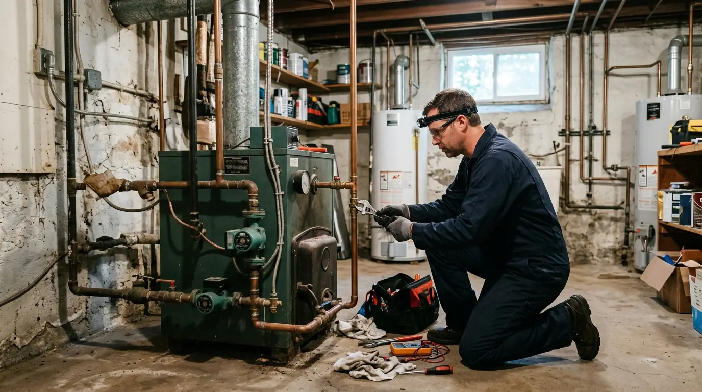 Older East Harriet home near Lake Harriet with a technician servicing a hot water boiler in the basement, nhavfd Minneapolis